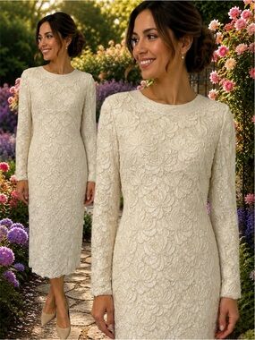 Vintage Sequin Lace Beaded Floral Cottagecore Long Sleeve Wedding MIDI Dress
